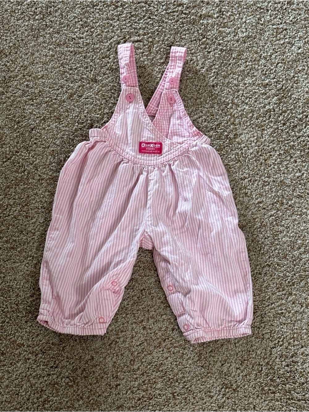 Vintage OshKosh B'gosh Baby Denim Bubble Romper Overalls Pink White 6-9 month
